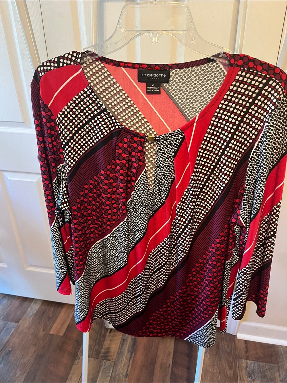 Liz Claiborne Red and Black Mixed-Print V-Neck Tunic